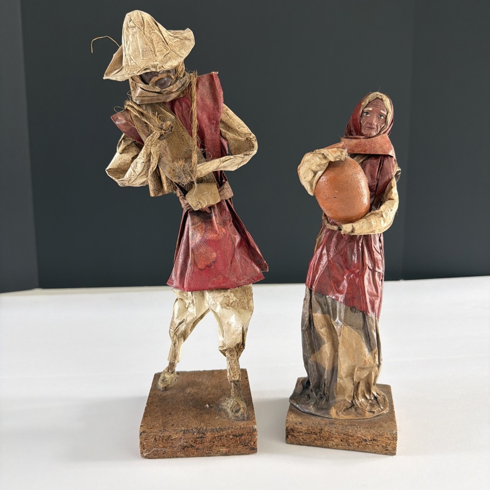 Vintage Mexican Paper Mache Folk Art Figurines Man Woman Carrying Wood Pot Pair